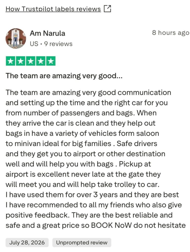 Trustpilot review for Alifcars and Travelers airport taxi service